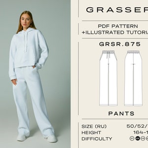 May include: A PDF sewing pattern for trousers, labelled "GRSR.875" with a white line drawing of the trousers. The pattern includes a difficulty rating of 1, 3, 4, and 8. The text "GRASSER PDF PATTERN +ILLUSTRATED TUTORIAL" is at the top of the image.