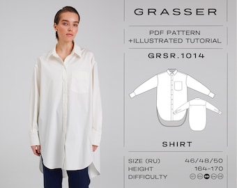 May include: A white shirt sewing pattern with a long, oversized silhouette. The pattern includes a PDF download and an illustrated tutorial. The pattern is for sizes 46, 48, and 50, and is suitable for heights of 164-170 cm. The difficulty level is rated 01-05.