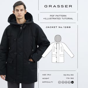 Peut inclure: Une veste noire à capuche avec fermeture éclair et boutons, dotée de deux poches inférieures. L'image contient le texte : GRASSER, PDF PATTERN + ILLUSTRATED TUTORIAL, JACKET No.1288, SIZE (RU) 52/54/56, HEIGHT 176-182, et DIFFICULTY 05.