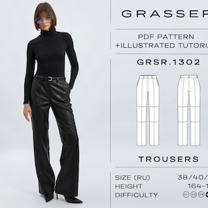 May include: A woman wearing a black turtleneck and black leather trousers with a belt. The image includes a pattern for trousers, with the text "GRASSER PDF PATTERN + ILLUSTRATED TUTORIAL GRSR.1302 TROUSERS".