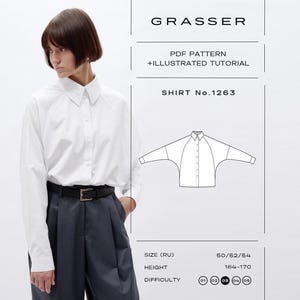 May include: A white long-sleeved shirt with a collar and button-down front, paired with dark gray trousers and a black belt. The image includes text: GRASSER, PDF PATTERN + ILLUSTRATED TUTORIAL, SHIRT No.1263, SIZE (RU) 50/52/54, HEIGHT 164-170, DIFFICULTY 03.