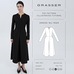 Peut inclure: Une femme porte une robe noire à manches longues avec un col en V et une jupe évasée. L'image comprend le texte "GRASSER PDF PATTERN + ILLUSTRATED TUTORIAL DRESS No.1323". Le patron de la robe est disponible en tailles 38/40/42 et hauteurs 164-170 cm.