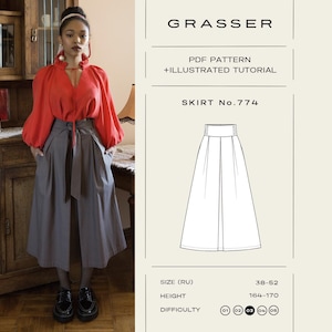 May include: A PDF pattern for Skirt No. 774 by Grasser, featuring an illustrated tutorial. The image displays a gray midi skirt with a tie waist and a line drawing of the skirt design, including size range 38-52 and height range 164-170 cm.