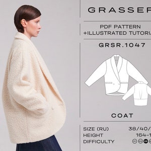 May include: A white coat sewing pattern with a PDF pattern and illustrated tutorial. The pattern is for a coat with a shawl collar and double breasted closure. The pattern is for sizes 38, 40, and 42 and heights 164-170 cm. The difficulty level is rated 01-05.