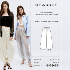 Könnte beinhalten: Ein digitales Schnittmuster für die Hose Nr. 1250 von Grasser, inklusive illustrierter Anleitung. Das Bild zeigt zwei Varianten von locker sitzenden Hosen mit elastischen Bündchen sowie eine technische Strichzeichnung des Modells.