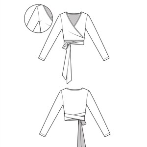 May include: A technical fashion illustration by GRASSER showing a long-sleeved wrap top. The front view features a V-neckline and a side tie closure. The back view displays the wrap-around tie detail. A circular inset highlights the shoulder seam.