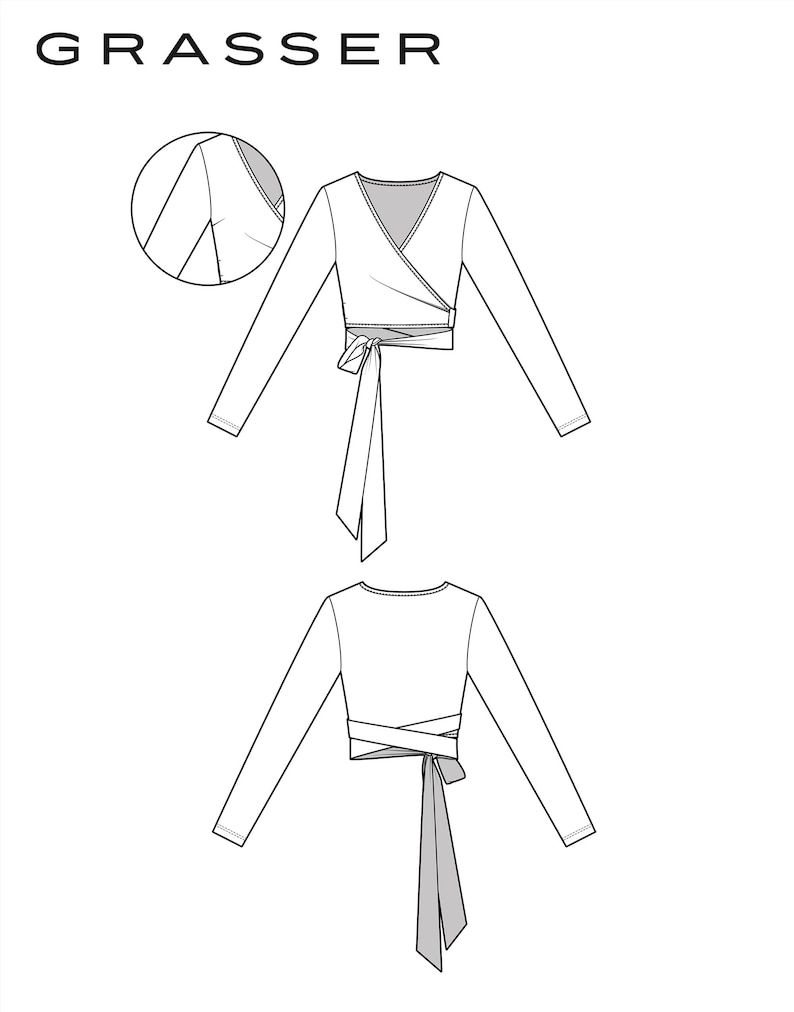 May include: A technical fashion illustration by GRASSER showing a long-sleeved wrap top. The front view features a V-neckline and a side tie closure. The back view displays the wrap-around tie detail. A circular inset highlights the shoulder seam.