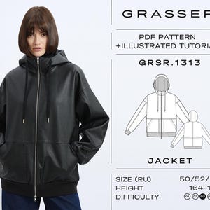 Könnte beinhalten: Eine schwarze Kapuzenjacke mit Reißverschluss, getragen von einer Person. Die Jacke hat eine Kapuze mit Kordelzug und Vordertaschen. Das Bild enthält auch ein Diagramm und den Text "GRASSER PDF PATTERN + ILLUSTRATED TUTORIAL JACKET GRSR.1313".