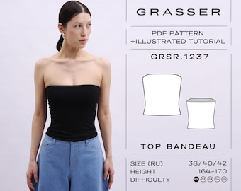 May include: A black bandeau top. The image also includes a diagram of the top, the text "GRASSER", "PDF PATTERN + ILLUSTRATED TUTORIAL", "GRSR.1237", "TOP BANDEAU", and size and difficulty information.