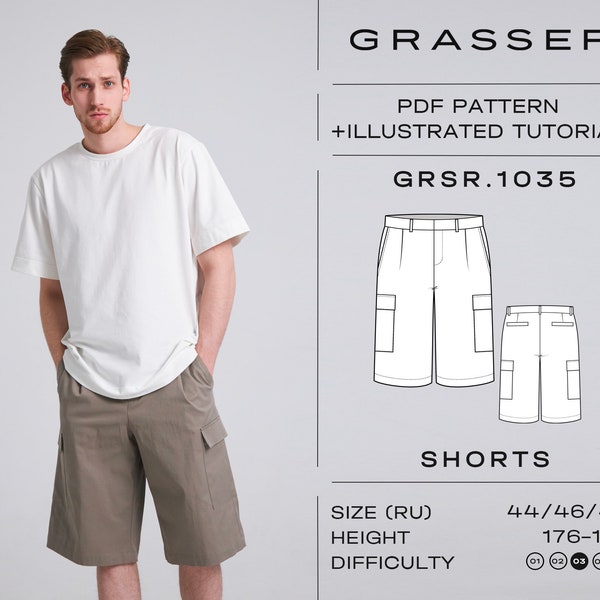 Cargo shorts pdf sewing pattern for men | sizes 44 / 46 / 48 (RU) | model No. 1035