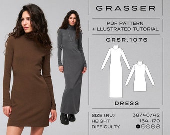 Simple dress pdf sewing pattern for beginners | sizes 38 / 40 / 42 (RU) | model No. 1076