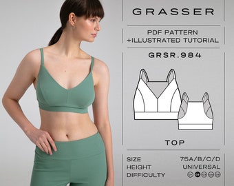 Sport bra pdf sewing pattern with tutorial sizes 75A / 75B / 75C / 75D | model No.984