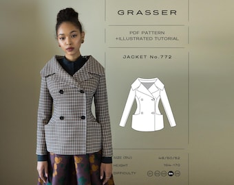 Puede incluir: Una chaqueta de doble botonadura con estampado de pata de gallo marrón y blanco, solapas anchas y cuatro botones negros. La imagen incluye el texto: GRASSER, PDF PATTERN + ILLUSTRATED TUTORIAL, JACKET No. 772, SIZE (RU) 48/50/52, HEIGHT 164-170.