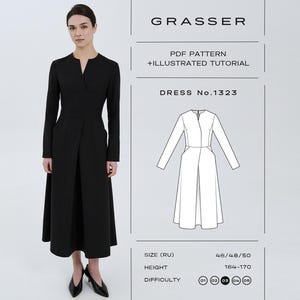 May include: A woman models a long black dress with long sleeves and a v-neck. The dress has a flared skirt and pockets. The image includes a diagram of the dress and text that reads "GRASSER PDF PATTERN + ILLUSTRATED TUTORIAL DRESS No.1323".