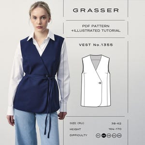 May include: A navy blue wrap vest with a single button closure and a tie waist, shown as a PDF pattern by Grasser, Vest No. 1355. The image includes a technical line drawing of the vest, text indicating an illustrated tutorial, and size range 38-62.