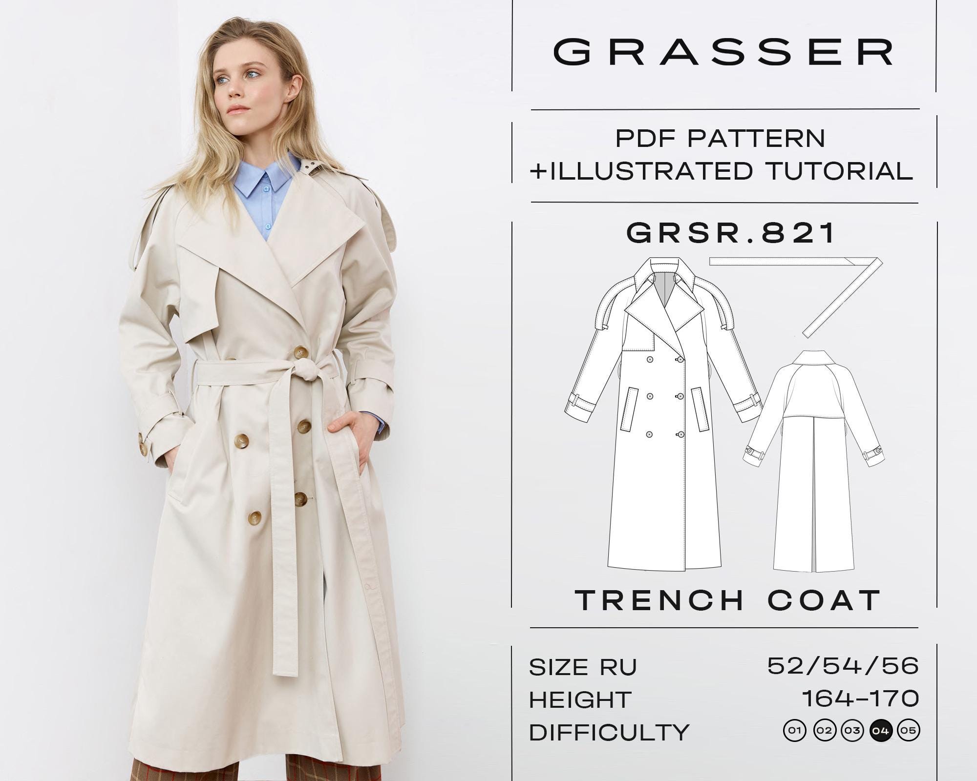 Trench Coat Sewing Pattern PDF | Sizes 52 / 54 / 56 (RU) | Grasser ...