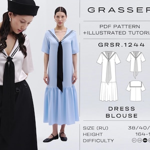 Sailor Dress Sewing Pattern PDF | Nautical Shirt Digital Pattern | Sizes 38 / 40 / 42 (RU) | Model No. 1244