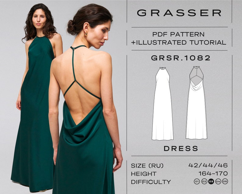 Dress pdf sewing pattern with tutorial sizes 42 / 44 / 46 RU model No. 1082 image 1