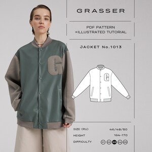 May include: A varsity-style jacket featuring a dark green front panel, grey sleeves, and a letter G patch on the chest. The image includes text reading GRASSER, PDF PATTERN + ILLUSTRATED TUTORIAL, JACKET No.1013, SIZE (RU) 46/48/50, HEIGHT 164-170.