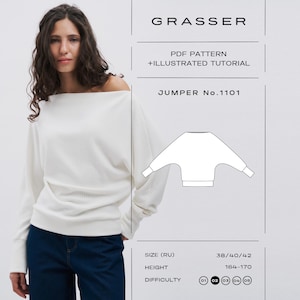 Può includere: Un maglione bianco a maniche lunghe con scollo a barchetta e texture a coste. L'immagine include il testo: GRASSER, PDF PATTERN + ILLUSTRATED TUTORIAL, JUMPER No.1101, SIZE (RU) 38/40/42, HEIGHT 164-170, DIFFICULTY 01 02 03 04 05 e un disegno tecnico.