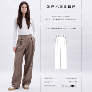 May include: A digital sewing pattern for trousers No. 1204 by Grasser, featuring a technical line drawing of wide-leg pants with pleats. The document includes an illustrated tutorial, size range 42-46, height 164-170, and a difficulty level of 4.