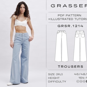 May include: A PDF sewing pattern for wide-leg trousers, labeled "GRSR.1214 Trousers". The pattern includes size (46/48/50), height (164-170 cm), and difficulty level (01-05).