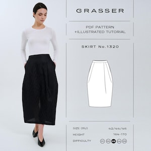 Puede incluir: Una mujer con una falda negra con bolsillos y una camisa blanca de manga larga. La imagen incluye un diagrama de la falda y el texto "GRASSER PDF PATTERN + ILLUSTRATED TUTORIAL SKIRT No.1320".
