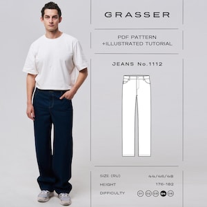 Cartamodello per jeans da uomo n. 1112 / Pantaloni in denim dritti / Taglie 44 / 46 / 48 (RU)