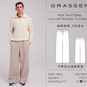 May include: A PDF sewing pattern for wide-leg trousers with a drawstring waist. The pattern includes an illustrated tutorial and is for sizes 48, 50, and 52. The pattern is for a height of 176-182 cm. The difficulty level is rated 2 out of 5.