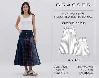 May include: A PDF sewing pattern for a skirt with a denim and plaid design. The pattern includes an illustrated tutorial and is for sizes 38, 40, and 42. The pattern is for a height of 164-170 cm and is rated as a difficulty level of 3 out of 5.