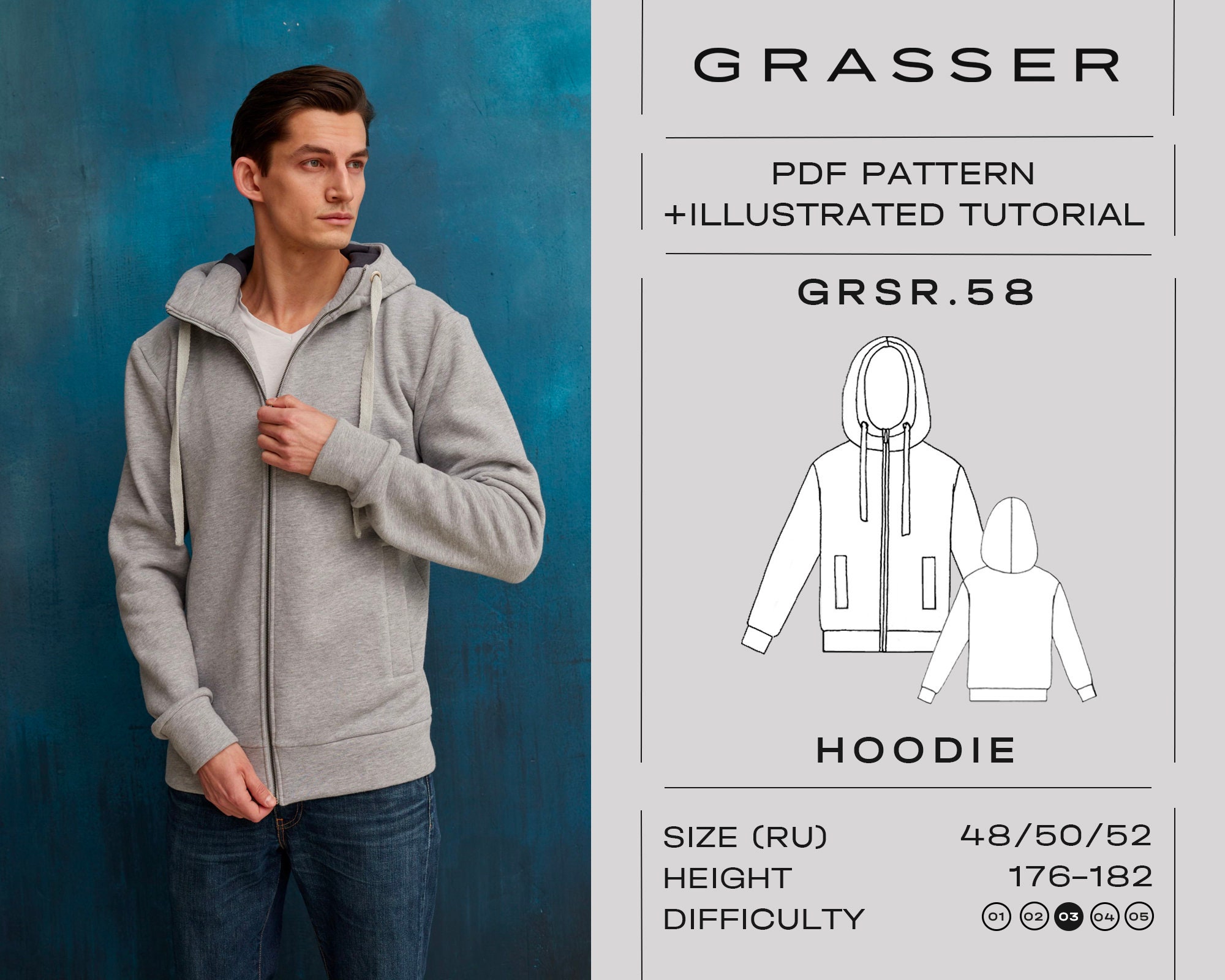 Men's Hoodie Sewing Pattern | Sizes 48 / 50 / 52 (RU