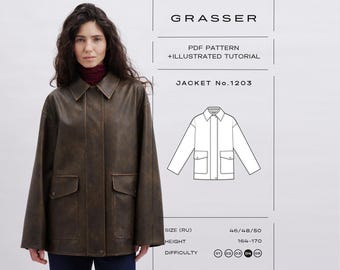 May include: A dark brown jacket with a collar, long sleeves, and two front flap pockets. The image includes text reading GRASSER, PDF PATTERN + ILLUSTRATED TUTORIAL, JACKET No.1203, SIZE (RU) 46/48/50, HEIGHT 164-170, and a difficulty level of 04.