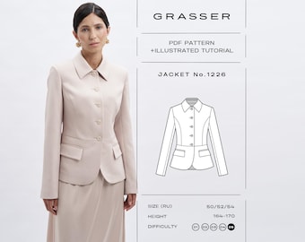 Puede incluir: Una chaqueta de color beige claro con cuello clásico, mangas largas y cuatro botones frontales. El diseño incluye dos bolsillos con solapa en la cintura. Junto a la chaqueta hay un dibujo técnico etiquetado GRASSER PDF PATTERN + ILLUSTRATED TUTORIAL JACKET No.1226, talla 50/52/54, altura 164-170, nivel de dificultad 05.