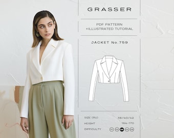 Puede incluir: Una chaqueta blanca corta de manga larga con cierre de un solo botón, combinada con pantalones de talle alto en color verde salvia. La imagen incluye un dibujo técnico de la chaqueta etiquetado como Grasser PDF Pattern Jacket No. 759.
