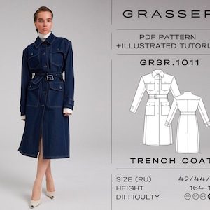 Denim Trench Coat Sewing Pattern PDF | Unlined coat DIY l Sizes 42 / 44 / 46 (RU) | Pattern No.1011