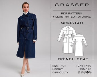 Trenchcoat naaipatroon met tutorial maten 42 / 44 / 46 (RU) | modelnr.1011