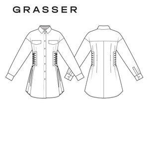 May include: A white long-sleeved shirt with a button-down collar and a lace-up detail at the sides. The shirt is shown in both front and back views. The brand name "GRASSER" is printed at the top of the image.