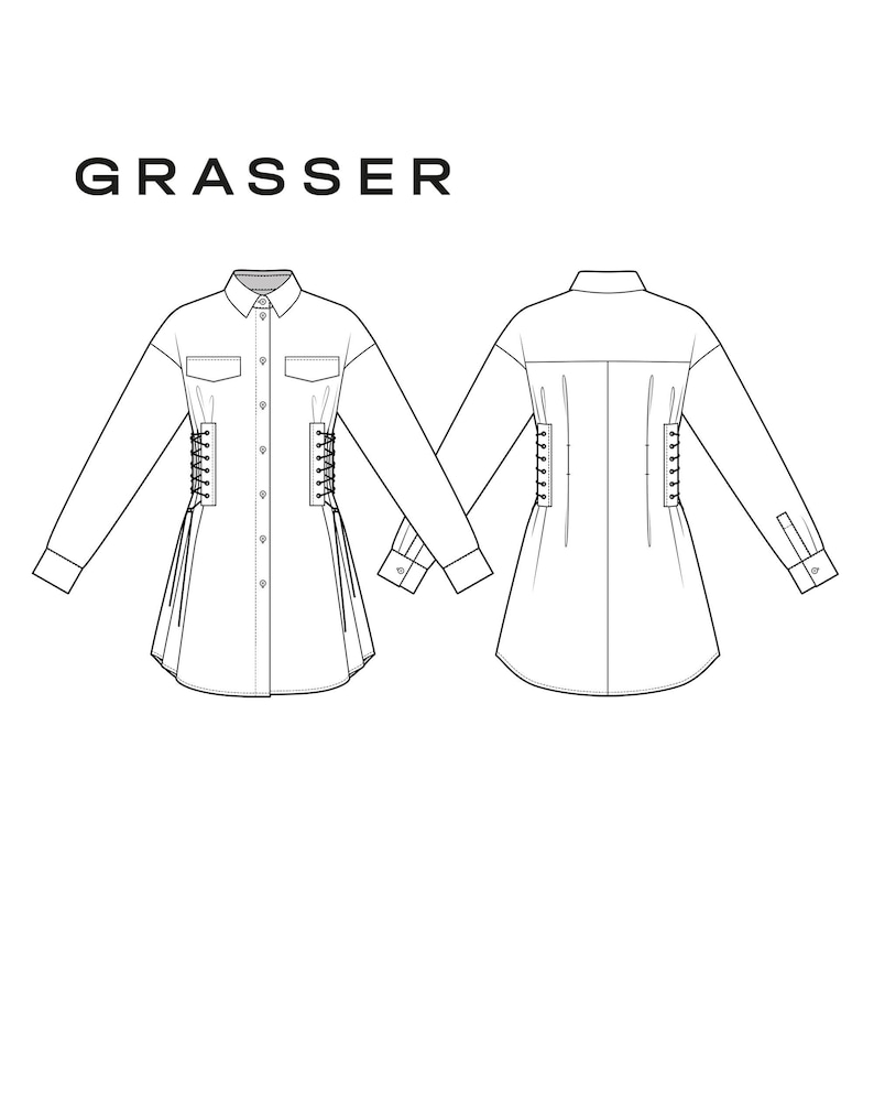 May include: A white long-sleeved shirt with a button-down collar and a lace-up detail at the sides. The shirt is shown in both front and back views. The brand name "GRASSER" is printed at the top of the image.