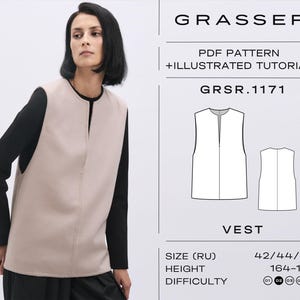 May include: A woman models a beige vest over a black long-sleeved top. The image includes a diagram of the vest and text that reads "GRASSER PDF PATTERN + ILLUSTRATED TUTORIAL GRSR.1171 VEST". The size is listed as 42/44/46 and the height is 164-170 cm.