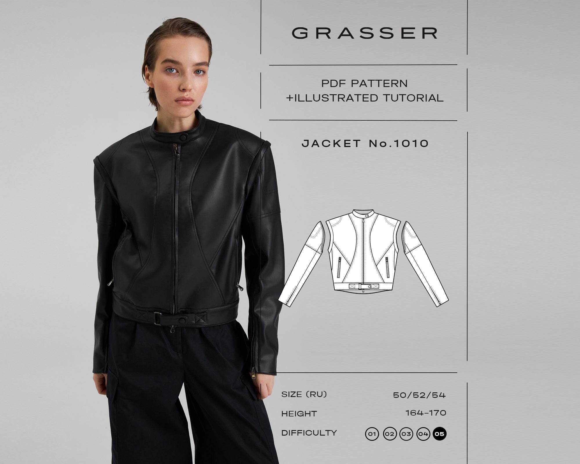 Leather Jacket Pdf Sewing Pattern for Women | Sizes 50 / 52 / 54 