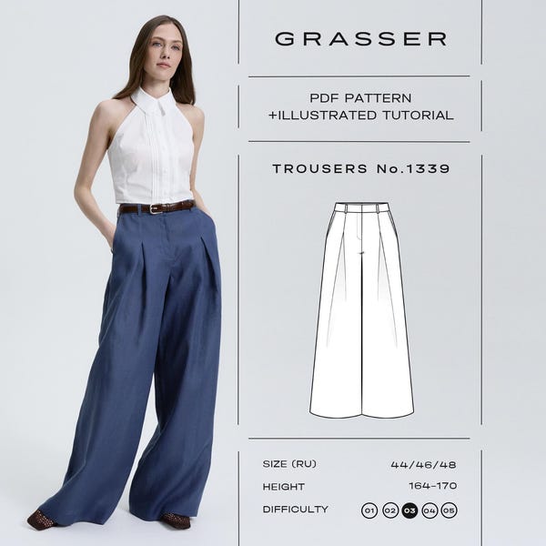 Palazzo Trousers Sewing Pattern PDF | Sizes 44 / 46 / 48 (RU) | Grasser Pattern No. 1339