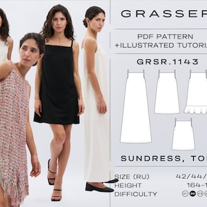 Puede incluir: Un patrón de costura PDF para un vestido de verano o una blusa, con tres estilos diferentes. El patrón es para las tallas 42, 44 y 46, y es adecuado para alturas de 164-170 cm. El patrón está etiquetado como "GRSR.1143" y es de la marca "GRASSER".