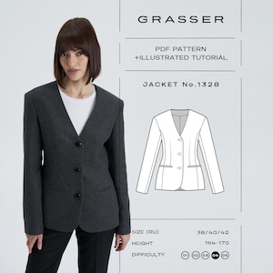 May include: A woman wearing a dark gray blazer with a V-neck and three buttons. The image includes text that reads "GRASSER PDF PATTERN + ILLUSTRATED TUTORIAL JACKET No.1328". The pattern is for sizes 38/40/42 and a height of 164-170 cm.