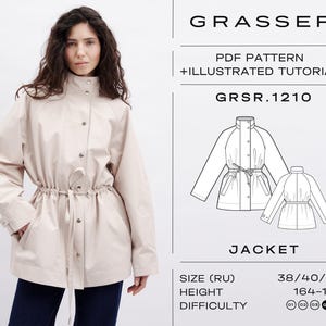 May include: A beige jacket with a drawstring waist and a high collar. The jacket has a PDF pattern and illustrated tutorial for sewing. The pattern is for sizes 38, 40, and 42 and is for a height of 164-170 cm. The difficulty level is rated 1-5.