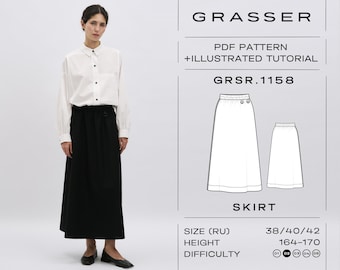 May include: A PDF sewing pattern for a skirt, with an illustrated tutorial. The pattern is for a skirt with a high waist and a straight silhouette. The pattern is available in sizes 38, 40, and 42. The pattern is for a height of 164-170 cm. The difficulty level of the pattern is rated as 01, 02, 03, 04, or 08. The pattern is called GRSR.1158.