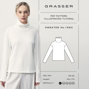 May include: A white long-sleeve sweater with a turtleneck collar. The image includes text: GRASSER, PDF PATTERN + ILLUSTRATED TUTORIAL, SWEATER No.1380, SIZE (RU) 38-62, HEIGHT 164-170, DIFFICULTY 01 02 03 04 05, and a line drawing of the sweater.