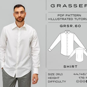 May include: A white long-sleeve shirt sewing pattern with a white shirt on a model. The pattern includes a PDF pattern and an illustrated tutorial. The pattern is for sizes 44, 46, and 48. The height is 176-182 cm. The difficulty level is 4 out of 5.
