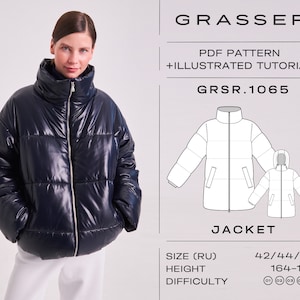 Puede incluir: Una chaqueta acolchada negra con cierre de cremallera. La chaqueta tiene un acabado brillante y un cuello alto. La imagen incluye un dibujo de línea de la chaqueta e instrucciones para coserla. El texto en la imagen dice "GRASSER", "PDF PATTERN + ILLUSTRATED TUTORIAL", "GRSR.1065", "JACKET", "SIZE (RU) 42/44/46", "HEIGHT 164-170", y "DIFFICULTY (01) (02) (03) 04 05".