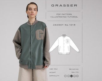 May include: A green and taupe varsity jacket with a letter G patch on the chest, snap buttons, and ribbed trim. The image includes text: GRASSER, PDF PATTERN + ILLUSTRATED TUTORIAL, JACKET No.1013, SIZE (RU) 38/40/42, HEIGHT 164-170, DIFFICULTY 03.