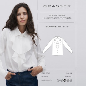 May include: A white long-sleeve blouse with a front ruffle detail, collar, and button-down closure. The image includes text: GRASSER, PDF PATTERN + ILLUSTRATED TUTORIAL, BLOUSE No.1115, SIZE (RU) 38-62, HEIGHT 164-170, and DIFFICULTY 03.
